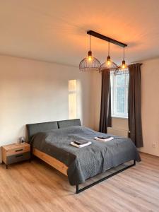 a bedroom with a bed and two lights at Gallery Apartments in Liberec