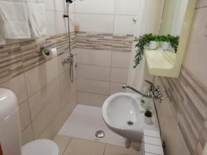 a white bathroom with a sink and a toilet at Guesthouse Brodarica (3814) in &Scaron;ibenik