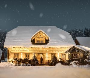 een huis bedekt met sneeuw met lichten erop bij Hotel Pino Alpino in Kranjska Gora