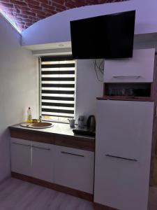 a kitchen with a white refrigerator and a sink at Moderní byt v centru města in Liberec