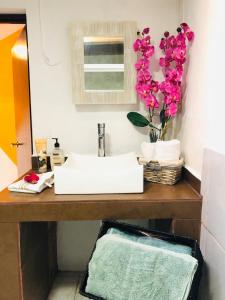 a bathroom sink with a vase of flowers on a counter at Departamento centrico - Pikachos House - in Guanajuato