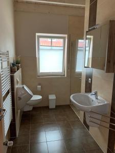 a bathroom with a sink and a toilet and a mirror at Haus Seeblick Nr 48 in Geeste