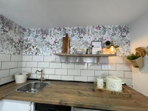 cocina con fregadero y papel pintado con motivos florales en Casa Mariete en Villanúa