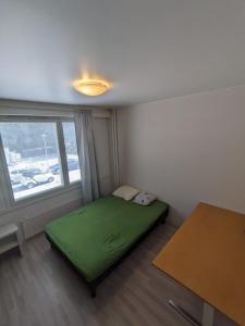 a small bedroom with a green bed and a window at Central Park Home in Turku