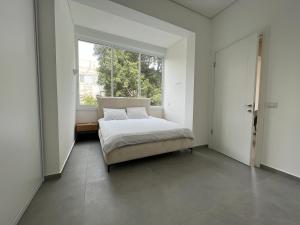 a bedroom with a bed and a large window at Smolenskin 3 Bedrooms Apartment in Tel Aviv