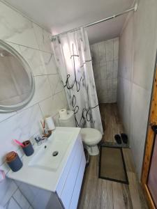 uma casa de banho com um lavatório branco e um WC. em Alex's House Shirokë em Shkodër