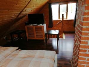1 dormitorio con 1 cama y escritorio con TV en Cabin with a sauna& pond+a hot Tub(additional fee) en Ķeņini
