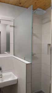 biała łazienka z umywalką i prysznicem w obiekcie Chalupa Sedmidvory w mieście Vernířovice