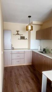 a kitchen with wooden cabinets and a wooden floor at Budget overnight- Struma highway in Pernik