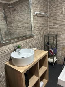 ein Bad mit einem Waschbecken und einem Spiegel in der Unterkunft Casa En medio del Bosque in Puerto Varas