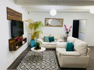sala de estar con 2 sofás blancos y TV en Departamento centrico - Bufa House, en Guanajuato