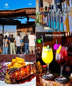 a collage of three pictures of drinks and food at Bodega el Huarango in Ica