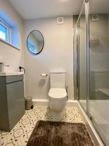 een badkamer met een toilet, een douche en een tapijt bij Gable House in Crewe