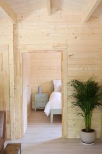 drewniany pokój z łóżkiem i doniczką w obiekcie KillarneyCabins ie, Stunning Timber Lodges w Killarney