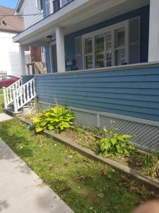 uma casa azul com algumas plantas no jardim da frente em Serenity Getaway em Halifax