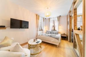 a bedroom with a bed and a tv on a wall at Au Petit Lion, Colmar centre Garage gratuit in Colmar