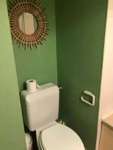 uma casa de banho com um WC branco e um espelho. em Studio au cœur de Quiberon em Quiberon