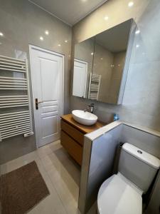 a bathroom with a toilet and a sink and a mirror at Sweet-cosy apartment Near république place in Paris