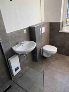 een badkamer met een wastafel en een toilet bij Zimmer mit Bad und Küche 