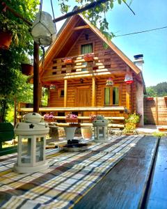 une cabane en rondins avec une table de pique-nique devant elle dans l'établissement Brvnara Borovik, à Cetinje