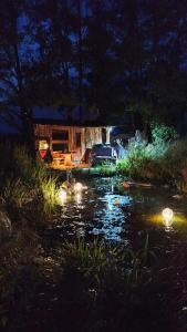 a log cabin with a pond in the yard at night at Auszeit inmitten der Natur - its a kind of magic 