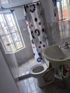 Hotel Bogotá Suites في بوغوتا: حمام مع مرحاض وستارة دش