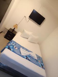 Hotel Bogotá Suites في بوغوتا: غرفة نوم مع سرير وتلفزيون على الحائط