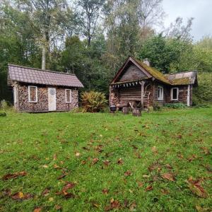 a log cabin in a field next to a house at Tiny Cozy House in Pärispea