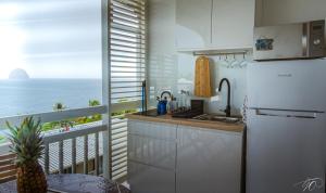 a kitchen with a refrigerator and a balcony with the ocean at Studio GAP in Le Diamant