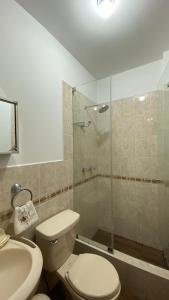 La Molina的住宿－Departamento La Molina，一间带卫生间和玻璃淋浴间的浴室