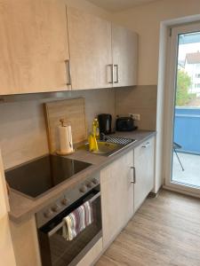 a kitchen with a sink and a stove top oven at AM Fleurystr, ALL NEW, komfortabel, ZENTRAL in Amberg!!! in Amberg