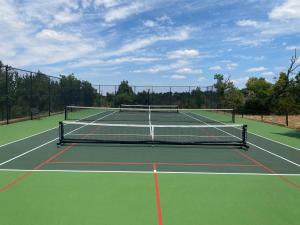 una pista de tenis con una red encima en Around the Bend Bungalow en Fredericksburg