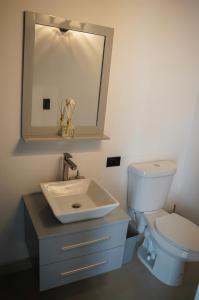 a bathroom with a sink and a toilet and a mirror at North Breeze Guest House in Levittown