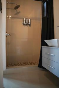 uma casa de banho com um chuveiro e um lavatório. em North Breeze Guest House em Levittown