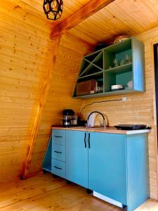 una cocina en una cabaña de madera con fregadero en HillSide Cottage, en K'eda