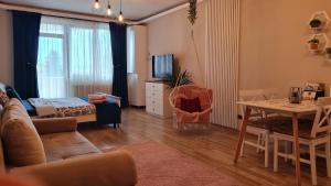 ein Wohnzimmer mit einem Sofa und einem Tisch in der Unterkunft Jasmine Residence Studios in Braşov