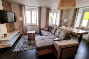 ein Wohnzimmer mit einem Sofa und einem Flachbild-TV in der Unterkunft Le 31 - Mulhouse Pfastatt in Pfastatt