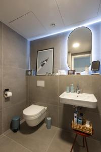 a bathroom with a toilet and a sink and a mirror at Urban Chic Residences in Prague