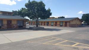 a building with a tree in the middle of a parking lot at Stadium Motel - Lubbock Medical Center in Lubbock