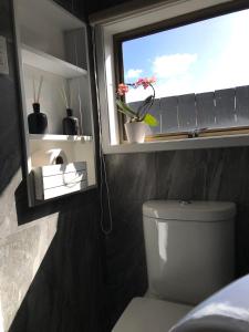 a bathroom with a toilet and a window with plants at Onehunga Garden Tinyhouse in Auckland