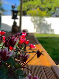 a bunch of flowers sitting on a wooden bench at Onehunga Garden Tinyhouse in Auckland