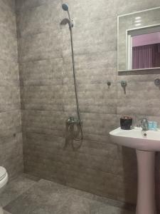 a bathroom with a shower with a sink and a toilet at HOTEL GUGA in Kobuleti