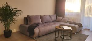 - un canapé dans le salon avec une table dans l'établissement Incanto Apartament, à Starogard Gdański