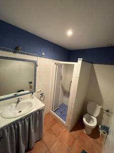 a bathroom with a sink and a shower and a toilet at El Quejigo in Molinicos