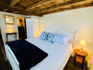 1 dormitorio con 1 cama blanca grande con almohadas azules en Circa 1725 home w/Roof Deck and Water Views en Newburyport