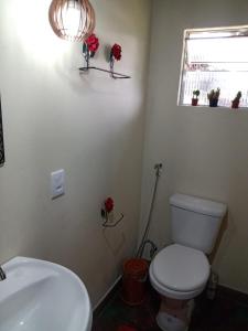 baño con aseo y lavabo y ventana en Chalé da Flor, en Visconde De Maua