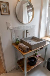 ein Bad mit einem Waschbecken und einem Spiegel in der Unterkunft Gîte indépendant - Bretzel et Bergamote in Richtolsheim