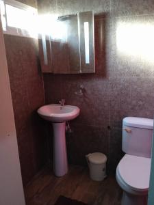 ein Badezimmer mit einem rosa Waschbecken und einem WC in der Unterkunft Casa boca chica in Boca Chica