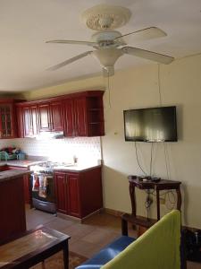 ein Wohnzimmer mit einem Deckenventilator in der Küche in der Unterkunft Casa boca chica in Boca Chica