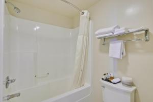 a white bathroom with a shower and a toilet at Americas Best Value Inn - Sky Ranch Palo Alto in Palo Alto